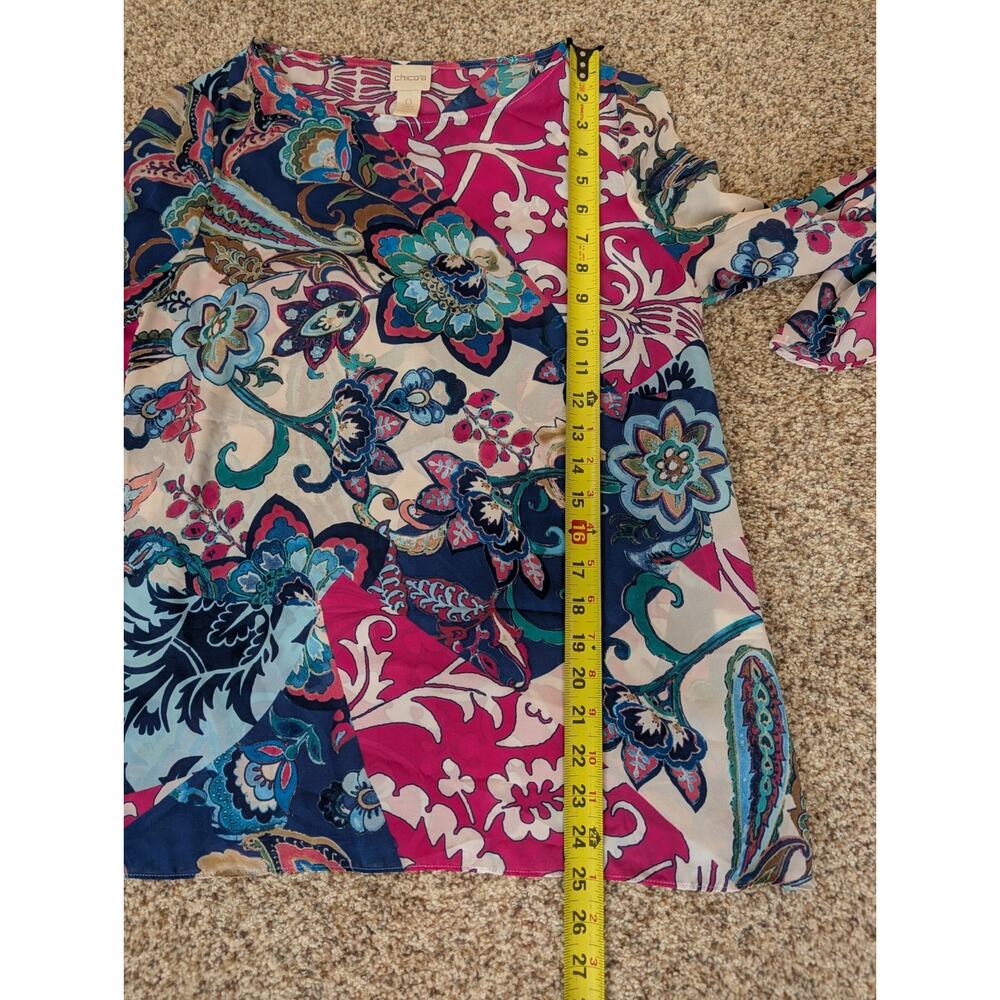 Chicos Womens Blouse Size 0 Small Blue Pink Floral Bell Sleeve Colorful - Picture 7 of 11